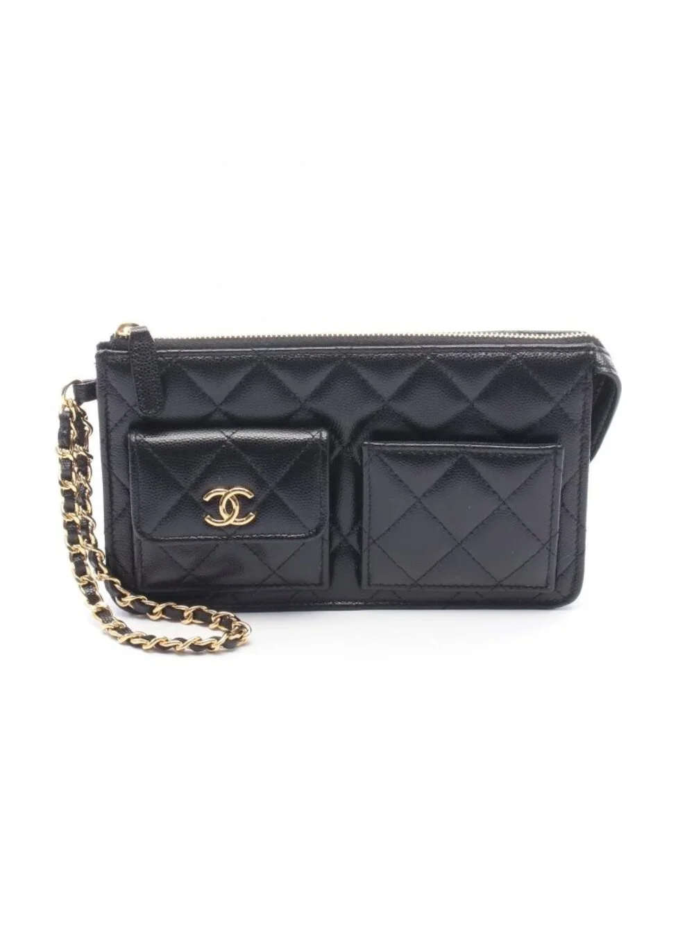 Chanel Clutch Quilted Wallet Black Caviar Leather Chain